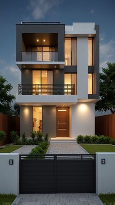 a two story house is shown at night