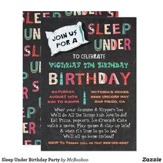 a chalkboard birthday party card with the words sleep for a under written on it