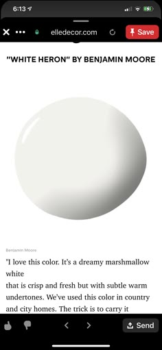 an image of a white egg in the middle of a text message that reads,'white heron by benami moore i love this color it's a creamy marmallow