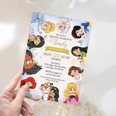 a hand holding up a disney princess birthday party card with all the characters on it