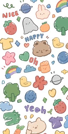 an assortment of cartoon stickers with the words nice, happy and yoh on them