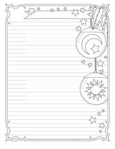 a blank lined paper with stars and crescents on the border, in black and white