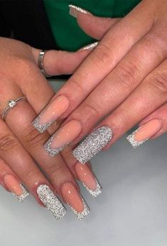 New Glitter Nails, French Nails And Glitter, Nail Inspo Silver Glitter, Not French Tip Nails, Prom Glitter Nails, Nails Inspiration With Glitter, Glitter Nails Designs Sparkle, French Silver Glitter Nails, Glitter And French Tip Nails