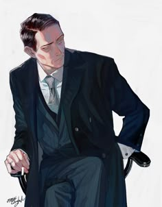 a drawing of a man in a suit sitting on a chair