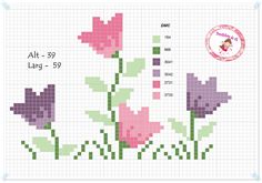 a cross stitch pattern with pink and purple flowers