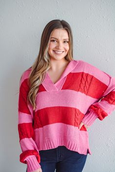 Indulge in luxurious comfort with our Sweet Love Sweater. Crafted with a v-neck, striped design, and a flat collar, this sweater is both chic and cozy. Perfect for any occasion, its drop shoulder and long sleeve features add a touch of sophistication to your wardrobe. Treat yourself to the ultimate level of elegance with our Sweet Love Sweater. Material: 60% cotton, 40% acrylic Care: hand wash cold, do not bleach, hang dry. Available in both the Fort Wayne and North Manchester boutique locations