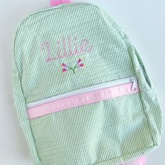 Seersucker Medium Backpacks, by Mint Sweet Little Things. A larger backpack with room for books and folders - and a matching lunch box, of course. Kids as young as 3 can handle this bag if they are required to carry a folder from school to home each day, but it will fit kids all the way up to tween size. Available in lilac, navy, pink, light blue, and Sweet Pea seersucker; and NEW pink and baby blue ginghams. 11.5x15". Includes standard monogram or font. Fit Kids, Medium Backpack, Blue Gingham, All The Way Up, Large Backpack, Pink Light, Exercise For Kids, Navy Pink, Sweet Pea