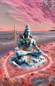 the god sitting on top of a rock covered beach next to the ocean under a pink sky