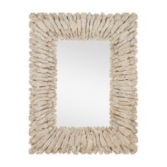 a square mirror made out of driftwood on a white background with the reflection in it