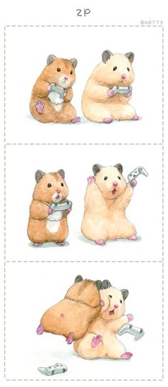 three different pictures of hamsters with their tails curled up and one holding a wrench