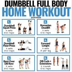 the dumbbell full body home workout is shown in blue and white, with instructions for each