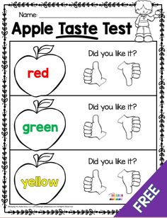 an apple taste test with the words red, green and yellow