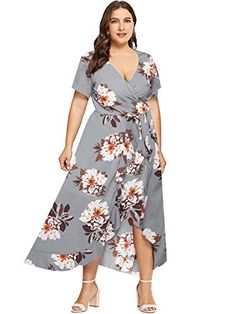 Milumia Plus Size Casual V Neck Belted Empire Waist Asymmetrical Maxi Dress Milumia Dress Party Elegant, Party Dress Plus Size, Asymmetrical Maxi Dress, Ruffle Trim Dress, Bohemian Maxi, Floral Dress Casual, Bohemian Maxi Dress, Lightweight Dress, Ruffle Hem Dress