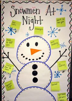 a bulletin board with a snowman at night written on it