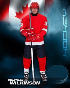 the hockey player is dressed in red and black for his team's photo shoot