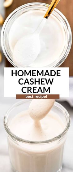 homemade cashew cream in a glass bowl with a spoon sticking out of the top