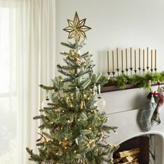 a decorated christmas tree in front of a fireplace