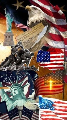 collage of american flags and symbols with the statue of liberty in the background photo