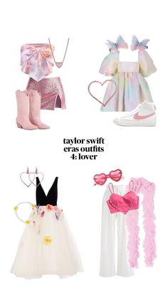 four different types of dresses and shoes with text that reads, taylor swift exements 4 love