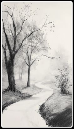 a pencil drawing of trees on a snowy path in the woods, with snow falling off their leaves