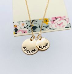 "Kids Names Necklace, Gold Disc Mom Necklace Please make sure you don't forget to put the information for personalization in the note to seller box at check out :) This is a hand stamped 14k Gold Filled necklace. This necklace comes with a 1/2 14k gold filled disc and a larger 5/8\" 14k gold filled disc. Chain is a 16, 18 or 20\" 14k gold filled cable chain. Please provide the following at checkout in message to seller box: - 1/2\" disc ( up to 9 characters) - 5/8\" disc ( up to 14 characters) E Nickel Free Round Disc Yellow Gold Necklace, Nickel Free Yellow Gold Round Disc Necklace, Nickel-free Yellow Gold Round Disc Necklace, Everyday Gold Charm Necklace With Round Disc, Everyday Gold Round Disc Charm Necklace, Gold Hand Stamped Necklace For Mom, Personalized 14k Gold-filled Disc Necklace, Gold Stamped Necklace As A Gift For Mom, Personalized 14k Gold Filled Round Disc Necklace