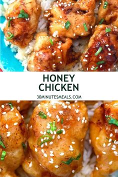 honey chicken with sesame seeds and white rice on a blue plate next to the same image