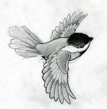 a black and white drawing of a bird flying