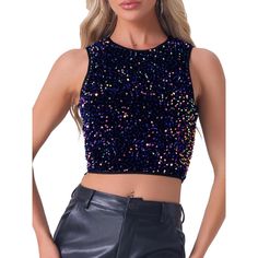 Glitter Top design features sequins, crop, sleeveless, round neck, hidden zipper on the side. This sequin vest top is suitable for various occasions, such as parties, festivals, clubs, cocktail parties, dinners, weddings, dates, bars. Add it to your wardrobe. This top is a sequin top, which is beautiful and fashionable. Suitable for matching with various suit pants and mini bags. Cropped Party, Sequin Vest, Party Tank Top, Glitter Top, High Neck Tank Top, Sweater Tank Top, Ribbed Tank Tops, Club Party, Party Tops