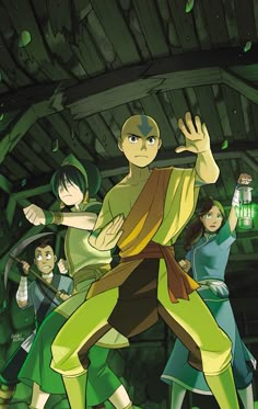 avatars from the legend of korra, with their hands in the air and one holding