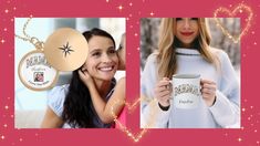 two women holding coffee mugs in front of a pink background with gold hearts and stars