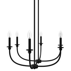 a black chandelier with five candles hanging from the bottom and four lights on each end