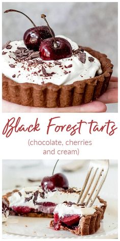 there are two pictures of pies with cherries on top and one has chocolate