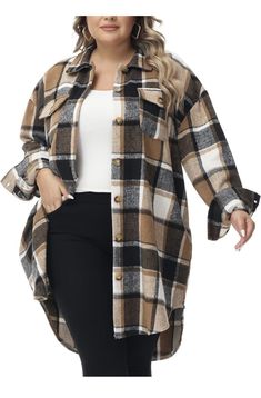 Looking for a chic addition to your winter wardrobe? Check out this URBEST Women's Long Plaid Shacket! Made with brushed polyester fabric, this cozy shacket features a lapel button-down design with six buttons on the front. The long sleeves and oversized fit make it perfect for layering over sweaters or tees. Available in beige plaid, this shacket is a stylish choice for any fashion-forward woman. Woolen Coat Woman, Plaid Wool Coat, Elegant Coats, Red Suit, Flannel Jacket, Plaid Coat, Sleeves Clothing, Casual Vest, Woolen Coat