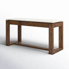 a wooden table with a white marble top