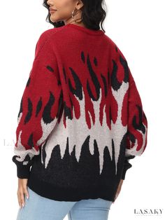 Lasaky - Womens Plus Size Colorblock Fire Print Long Sleeve Round Neck Jumper - Casual Sweater Contrast Color Sweater For Streetwear In Fall, Fall Color Block Sweater For Streetwear, Fall Streetwear Color Block Sweater, Trendy Red Color Block Sweater, Red Color Block Sweater For Fall, Casual Sweater, Casual Sweaters, Casual Pullover, Plus Size Casual