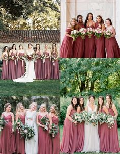 a collage of photos showing different bridesmaid dresses and their bridal bouquets