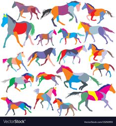 a large group of horses running in different colors on a white background, each with their own silhouettes