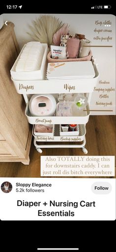 an instagram page with the words diaper + nursing cart essentials, but make it cute