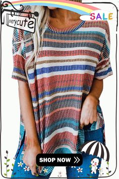 Multicolor Striped Loose T-shirt with Slits Casual Tops With Side Slits For Spring, Women Tops, Womens Tops, Tops & Tees, Women's Top, T Shirt