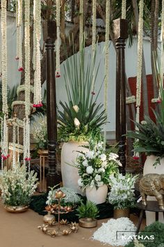 an arrangement of flowers and plants in vases