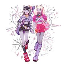 two cartoon girls walking down the street with cat ears on their head and pink hair