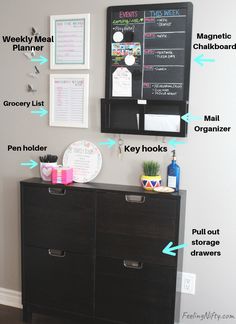 a blackboard mounted to the side of a wall next to a dresser with drawers