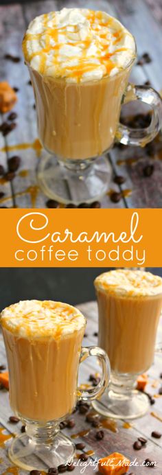 two glasses filled with caramel coffee sitting on top of a table next to each other