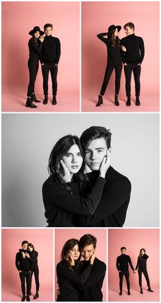 a man and woman are posing together in black clothes with their arms around each other