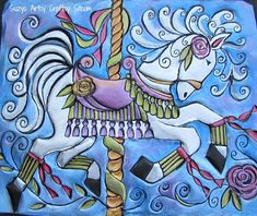 a painting of a carousel horse on a blue background