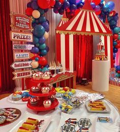 a circus themed birthday party with balloons and desserts