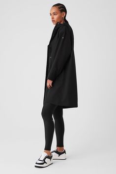 Rain Or Shine Long Coat - Black Alo Yoga Oversized Long Sleeve Outerwear, Workwear Parka With Detachable Hood, Functional Outerwear With Detachable Hood For Work, Alo Yoga Fall Outerwear In Solid Color, Alo Yoga Fall Outerwear For Work, Alo Yoga Fall Workwear Outerwear, Black Long Sleeve Outerwear By Alo Yoga, Black Long Sleeve Alo Yoga Outerwear, Alo Yoga Long Sleeve Workwear Outerwear