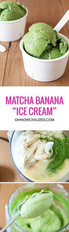 matcha banana ice cream in two bowls with spoons