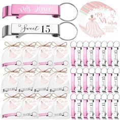 a bunch of pink and silver items for a princess themed birthday or baby shower party