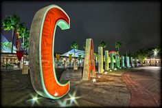 the letters c and c are lit up at night in front of some palm trees